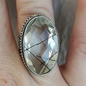 New Faceted Black Rutile 925 Silver Ring.